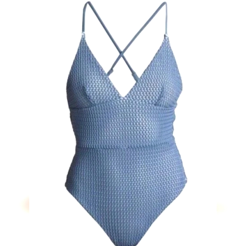 Onia Zinc Blue Textured Crochet One‎ Piece Swimsuit NWT Quiet Luxury Minimalist